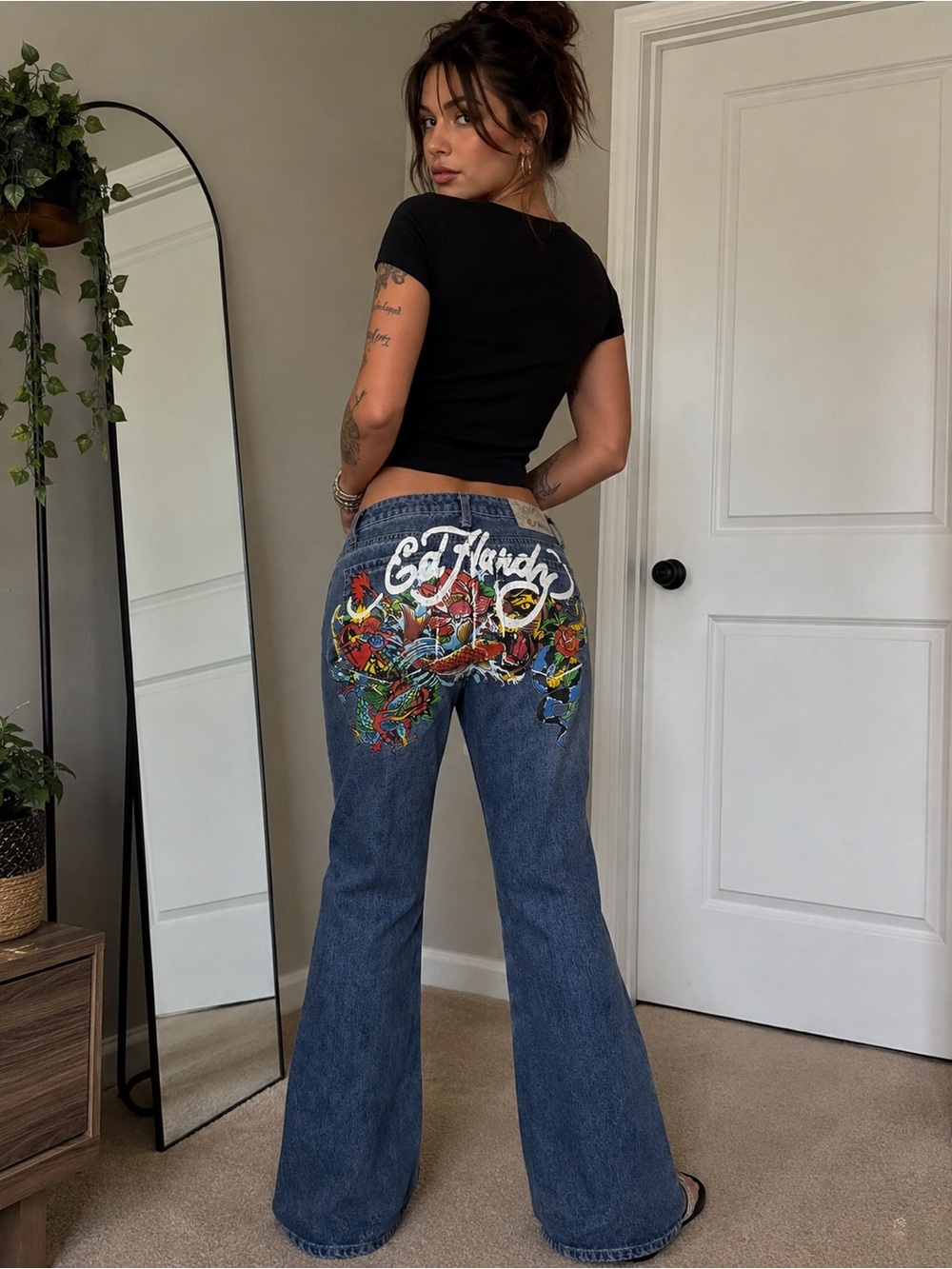 Ed Hardy by Christian Audigier Women’s Bootcut Jeans– Tattoo Graphic Y2K Denim